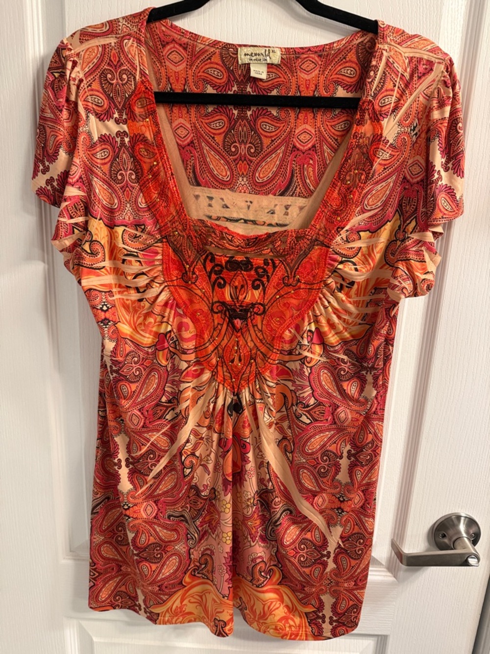 ONE WORLD Red Orange Paisley Scoop Neck Tunic